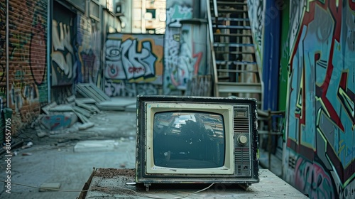 An old analog television broken and abandoned on a dirty street with walls painted with graffiti.