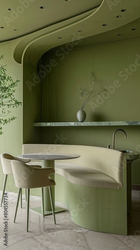 Interior of a kitchen, minimalist style, green olive color.