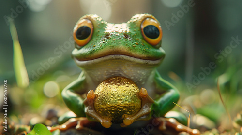 Frog Prince holding a golden ball  looking hopeful with big eyes. Studio shot.