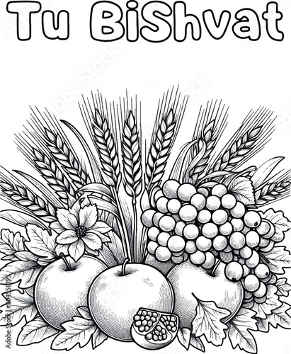  Tu Bishvat coloring page. Holiday symbols - fruits Black and white linear vector illustration. Coloring pages for children.