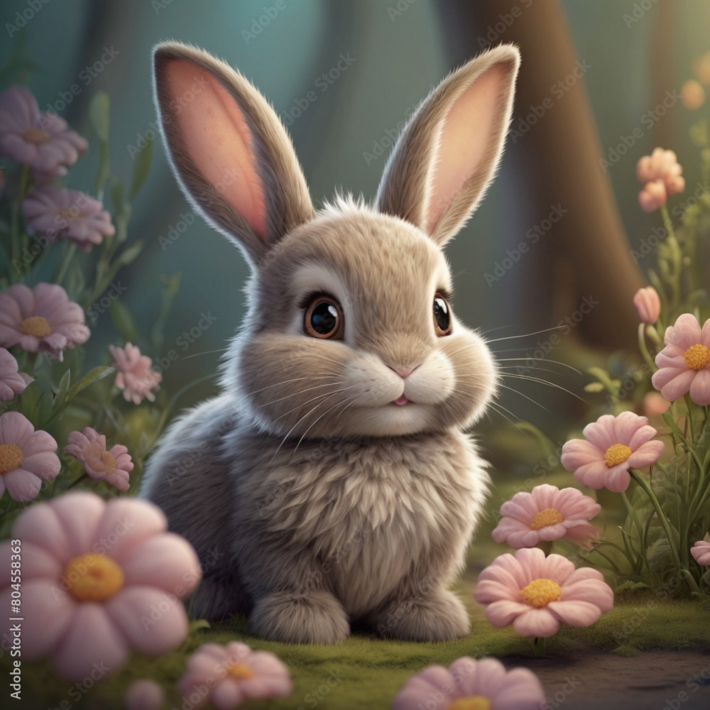 Enchanting Illustration of a Cute Rabbit Surrounded by Lush Flowers in a Magical Forest Setting