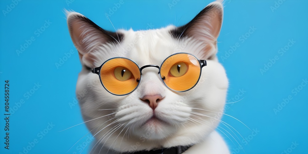 A cat wearing large glasses against a bright blue background