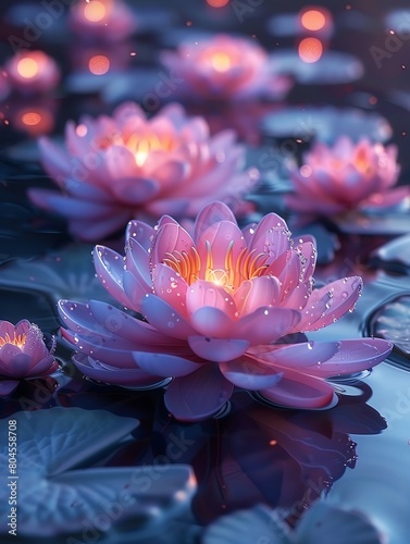 A photo of a beautiful flower with pink petals and a yellow center. The edges of the petals are highlighted by dewdrops. The flower is sitting on the surface of a still body of water surrounded by lil photo