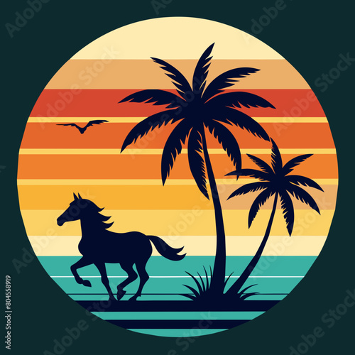 retro vintage style sunset palm trees vector art illustration