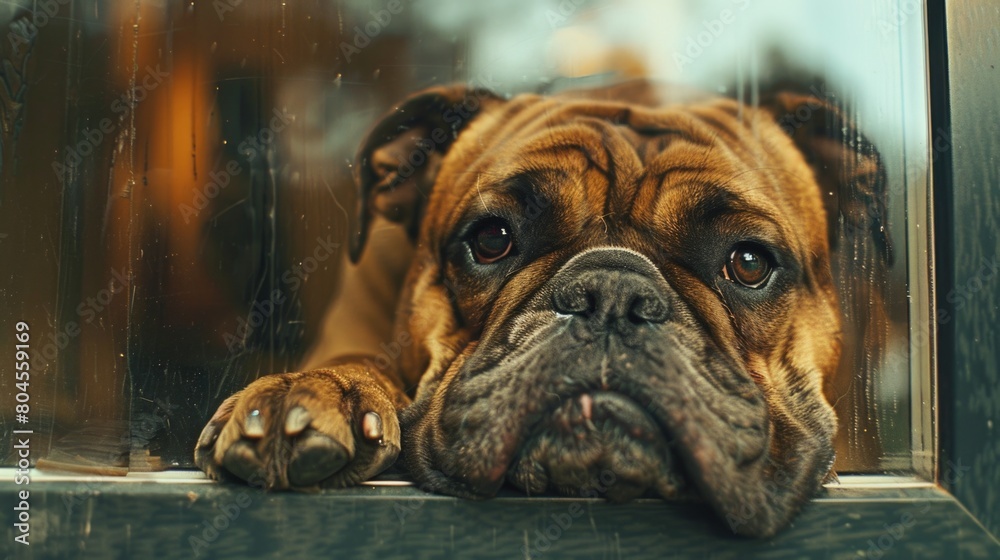 Curious dog peeking out of window, perfect for pet-related designs