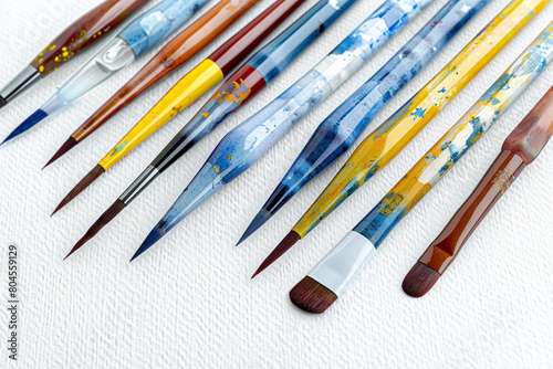 A variety of angled watercolor brushes, each for specific stroke types, displayed on a white canvas.