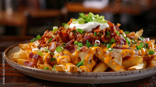 A platter of loaded cheese fries topped with melted cheese, crispy bacon bits, green onions, and a dollop of sour cream, a deliciously indulgent appetizer option.