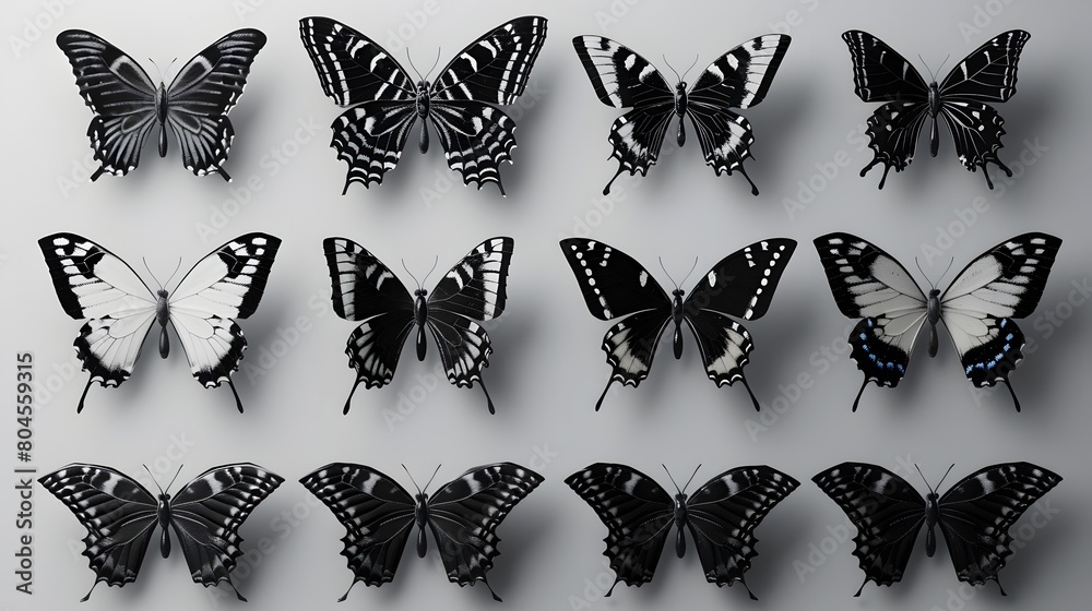 Fototapeta premium Monochrome Brushstroke Sketch of Butterfly and Insect Specimens on White Background
