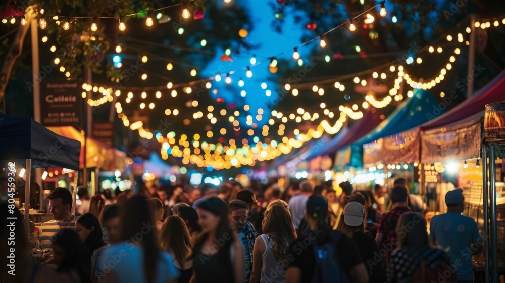 A busy street at night filled with a diverse crowd of people walking in various directions under the city lights.