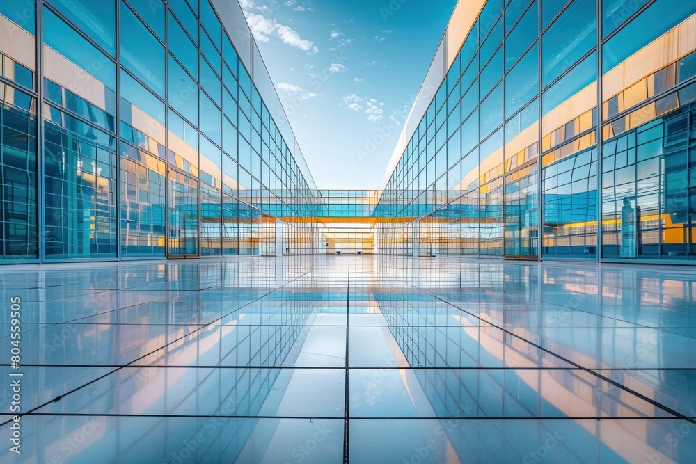 A water blue tower block with azure windows and tiled flooring A water blue tower block with azure windows and tiled flooring