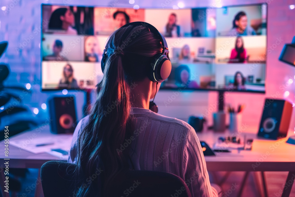 Back of a a young woman in her home office, wearing headphones participating in a video conference call with other colleagues. Purple light.