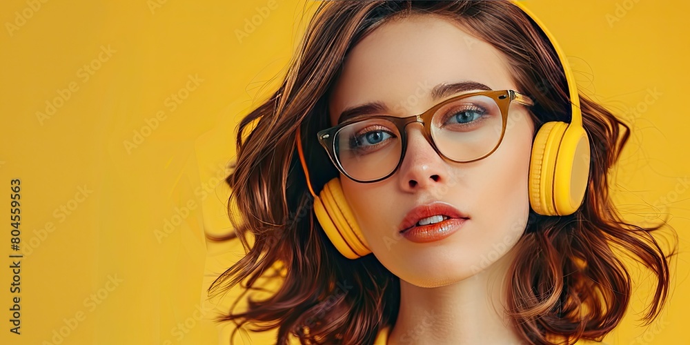 Portrait of beautiful woman in glasses with headphones on yellow background, copy space concept for text, banner design, detailed skin, professional photography, professional color grading Portrait of beautiful woman in glasses with headphones on yellow background, copy space concept for text, banner design, detailed skin, professional photography, professional color grading