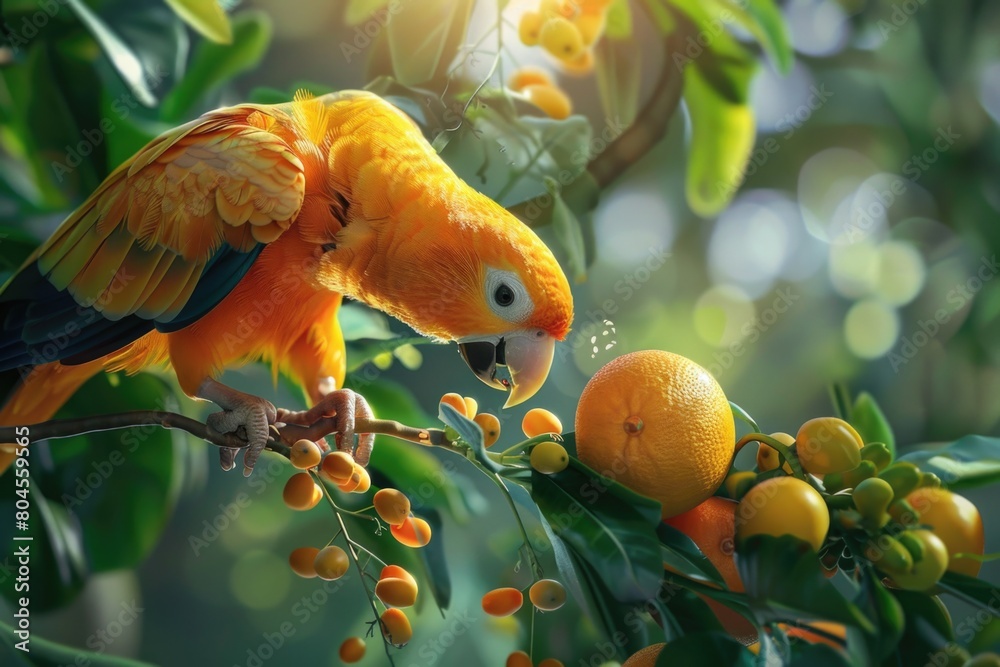 A vibrant yellow parrot sitting on a tree branch. Ideal for nature and wildlife concepts