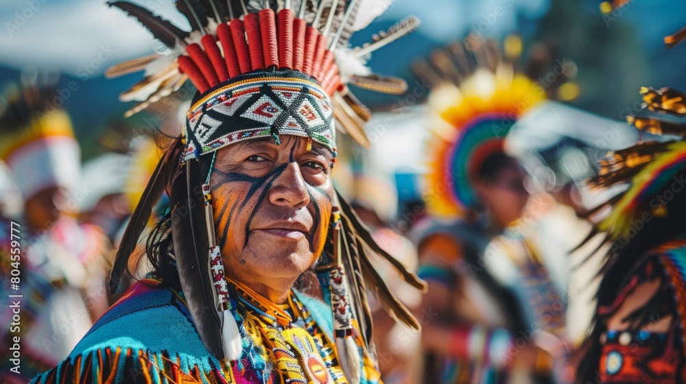 A Native American man adorned in a traditional headdress with feathers, showcasing cultural heritage and identity.