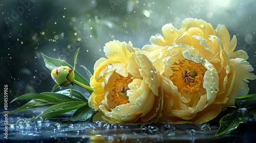 Yellow Peonies on Dark Background with Dewdrops © DVS
