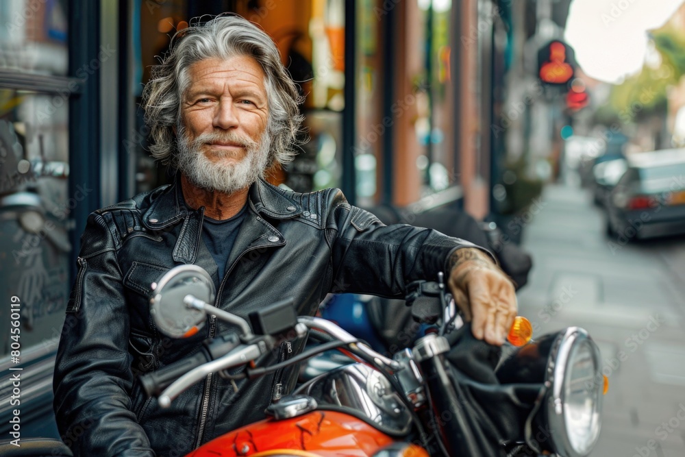 A man in a leather jacket sitting on a motorcycle. Perfect for advertising or motorcycle-related content