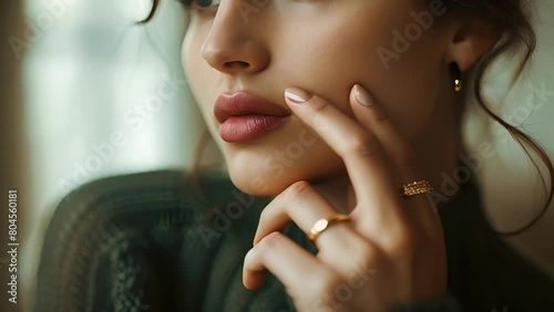 Softly focused woman with elegant ring suggesting quiet sophistication for a designer brand campaign photo