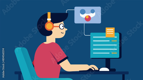 A man with a spinal cord injury uses a headoperated mouse to navigate a computer screen and type out messages to his friends.. Vector illustration