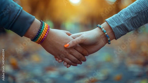 An armband with a rainbow pattern is worn by two Caucasian women. photo
