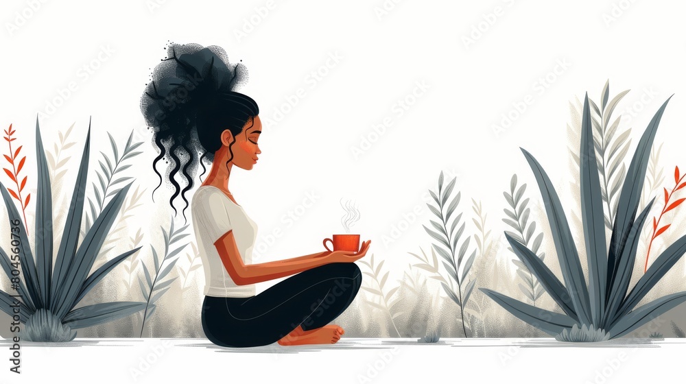 Illustration of a woman having period pains on a white background. Women suffering from cramps and relived by a hot water bag and herbal tea.