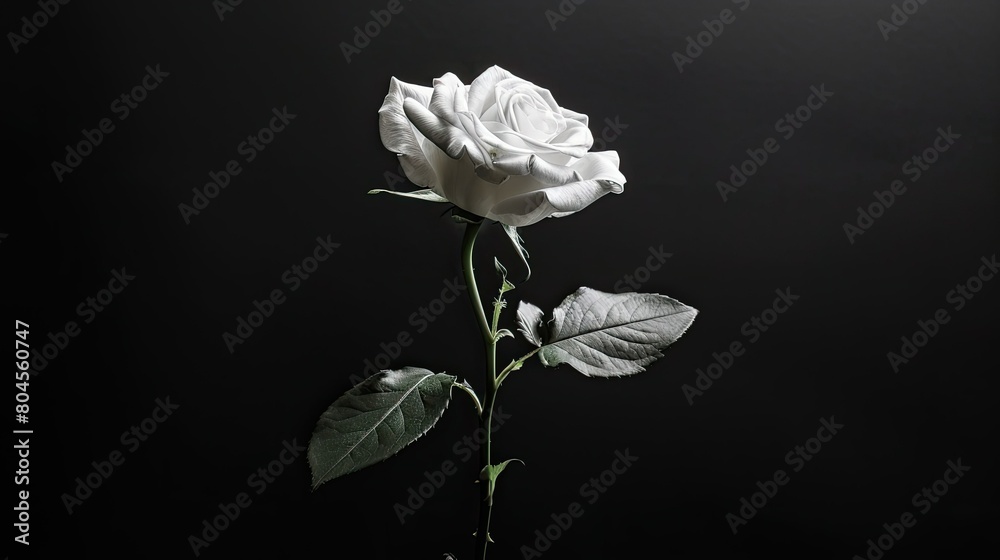 Fototapeta premium A single white rose pops against a sleek black backdrop serving as an eye catching centerpiece for gift cards or web designs perfect for weddings birthdays Valentine s Day or Mother s Day