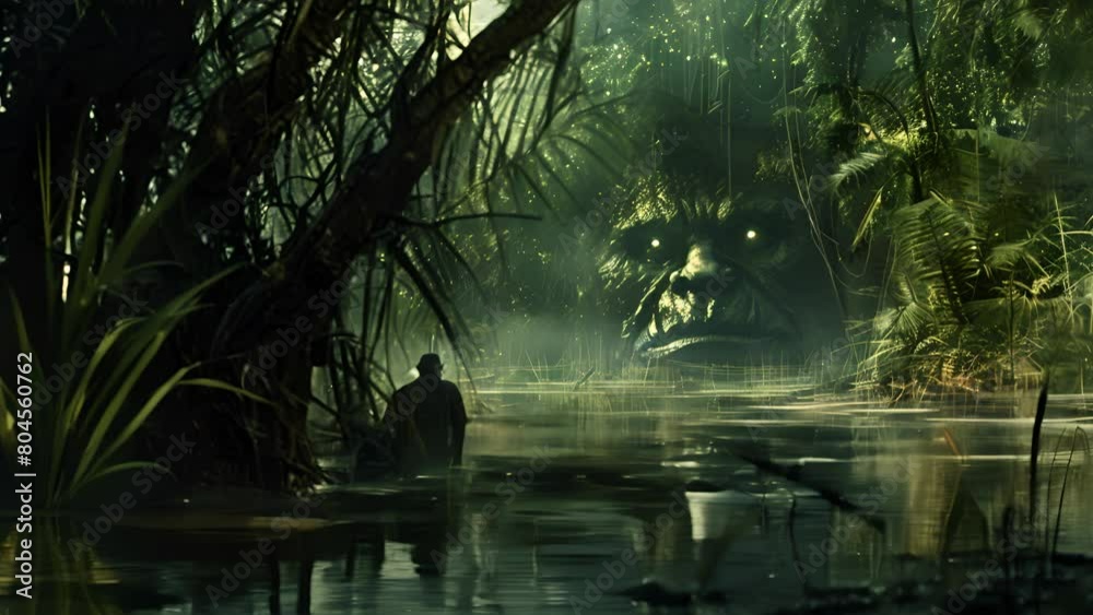 A man is in a swamp with a large, scary monster in the background. Scene is eerie and unsettling A man is in a swamp with a large, scary monster in the background. Scene is eerie and unsettling