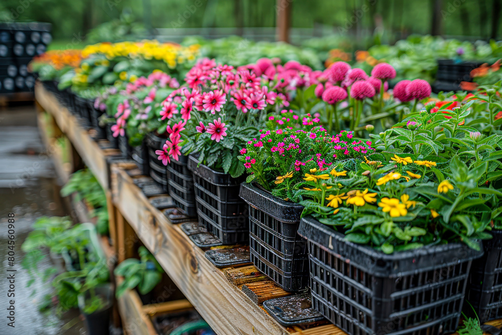 Background: Vibrant flowers in various shades of pink, purple, and yellow are neatly organized in black plastic pots on wooden shelves, flippable horizontally. 