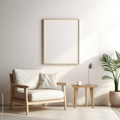 Canvas mockup on living room with chair and small table  © AIMockupGenerator