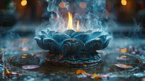 A lotus incense holder is filled with smoke from burning incense sticks.