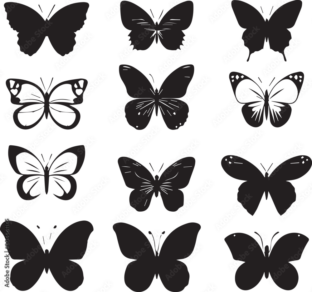 Fototapeta premium Butterflies silhouette set on white background 