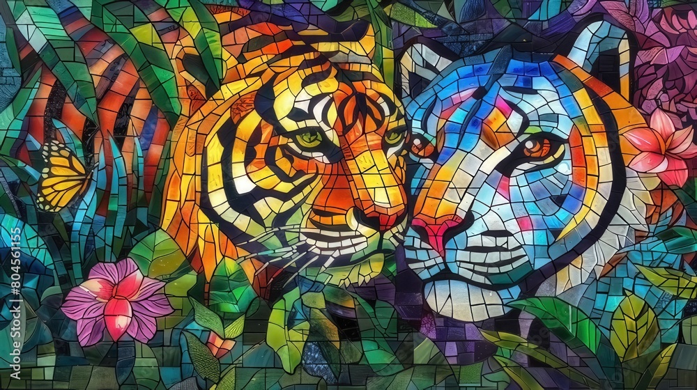 india nature Mosaic, indian jungle and animals, Stained Glass Illusion
