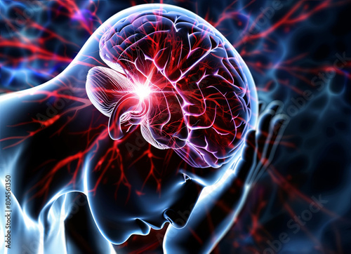 Illustration of understanding stroke and vascular brain issues, brain health. Virtual man neon brain, nerve endings and blood vessels