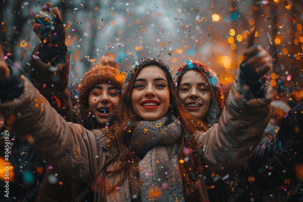 Three friends are enjoying a celebration outdoors with colorful confetti in a snowy winter setting