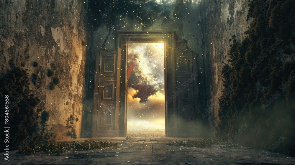 A mysterious open door in a dark alley, suitable for suspenseful themes