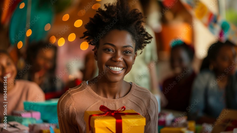 Joyful Woman Holding a Gift at a Colorful Birthday Party with Friends