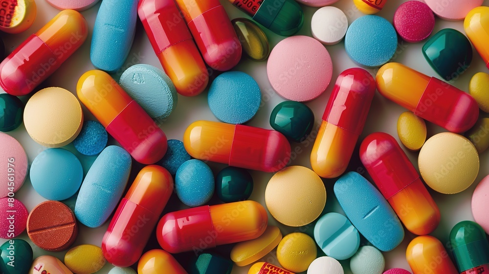 An array of multicolored pharmaceutical pills and capsules generative ai images