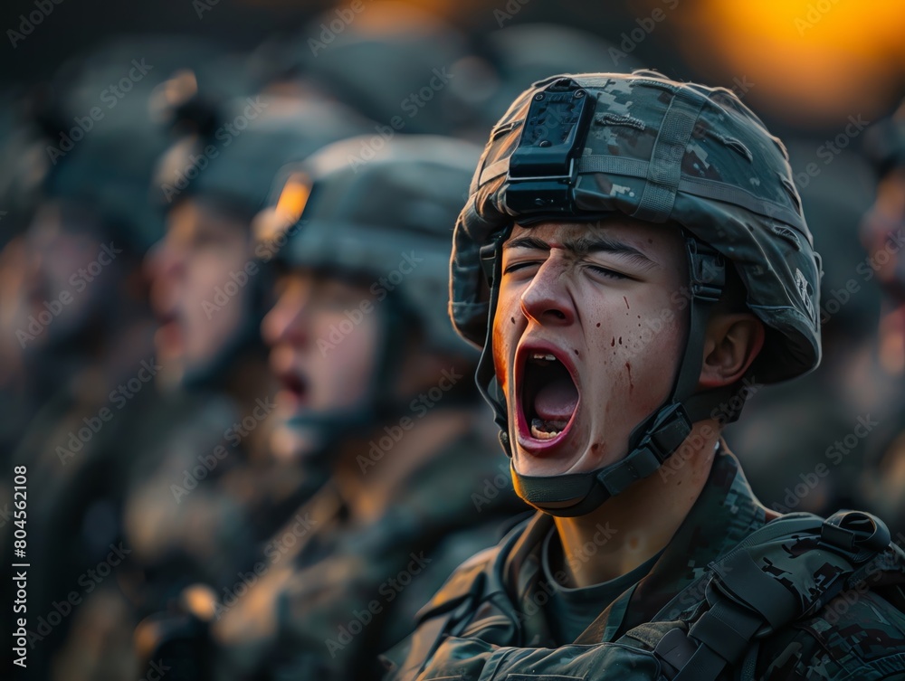 A drill sergeant screaming orders, with sound waves forcefully impacting the recruits posture A drill sergeant screaming orders, with sound waves forcefully impacting the recruits posture