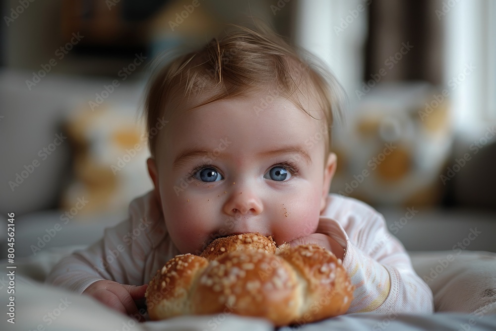 Cute baby with big blue eyes laying down and gazing while holding a piece of bread Cute baby with big blue eyes laying down and gazing while holding a piece of bread