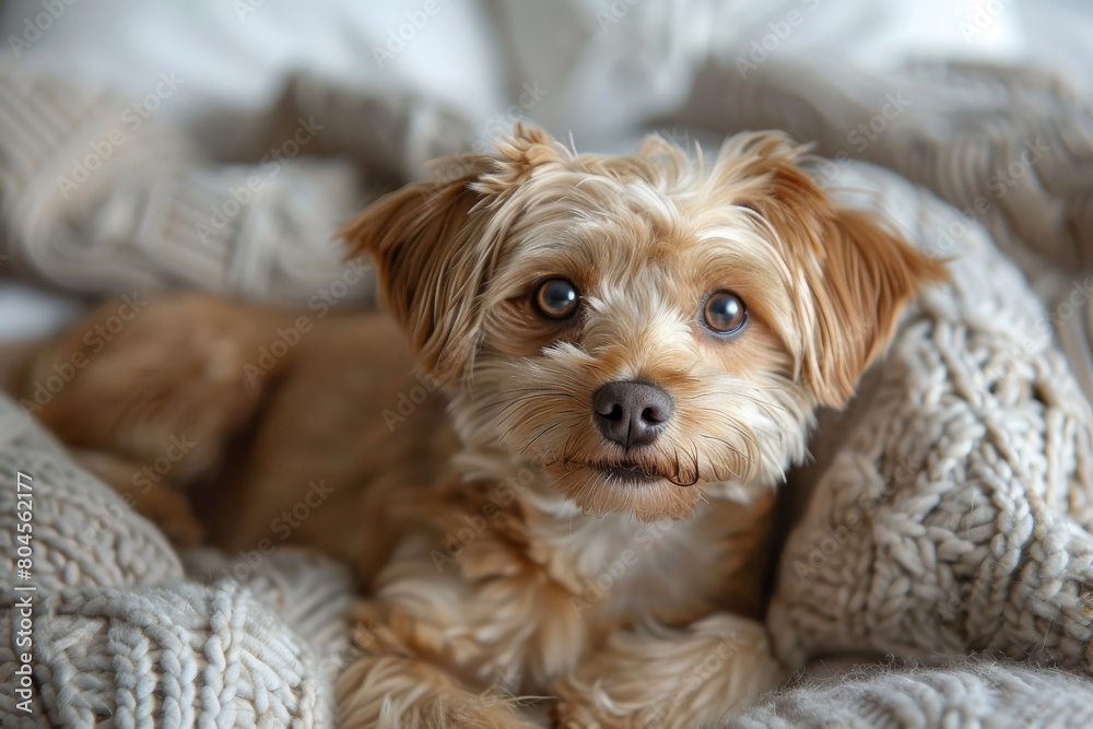 A warm and inviting image capturing a dog snuggled deep into the folds of a soft, knitted blanket, emitting a sense of calm and comfort A warm and inviting image capturing a dog snuggled deep into the folds of a soft, knitted blanket, emitting a sense of calm and comfort