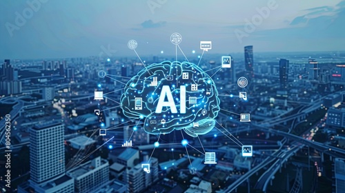 AI brain surrounded by icons representing various smart city, financial industry and industrialized areas with the word 