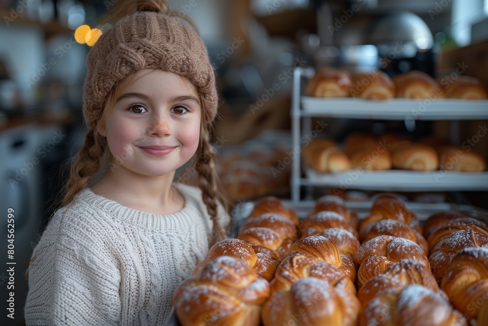 A smiling young girl poses among shelves of golden croissants in a bakery atmosphere A smiling young girl poses among shelves of golden croissants in a bakery atmosphere