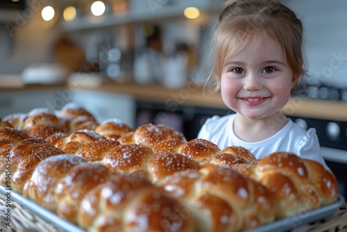 A little girl with a beaming smile showcases a basket of freshly baked buns in a bakery setting