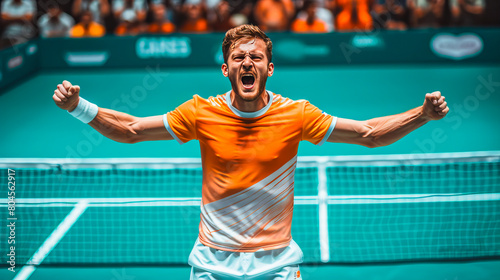 Triumphant tennis player celebrating victory
