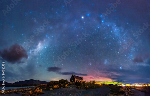 Milky Way, Nebula, Aurora Australis glowing over Church of the Good Shepherd at Lake Tekapo, New Zealand photo