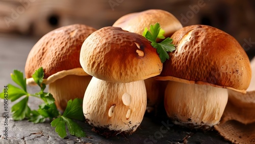 Strong Boletus edulis porcini mushroom fungus known for its robust flavor. Concept Boletus edulis, Porcini Mushroom, Fungi Cuisine, Wild Foraging, Robust Flavor photo