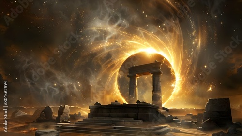 Solar eclipse reveals a portal near ancient altar with celestial energies swirling. Concept Adventure, Mystery, Ancient Civilization, Supernatural, Astronomy