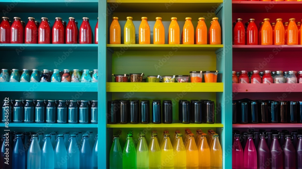 Colorful Beverage Bottles on Vibrant Shelves Colorful Beverage Bottles on Vibrant Shelves