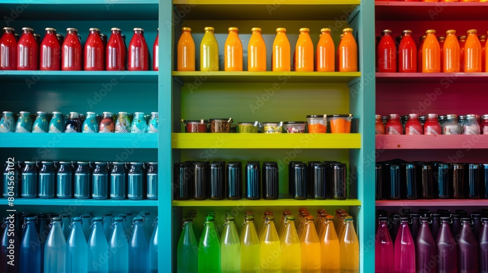 Colorful Beverage Bottles on Vibrant Shelves