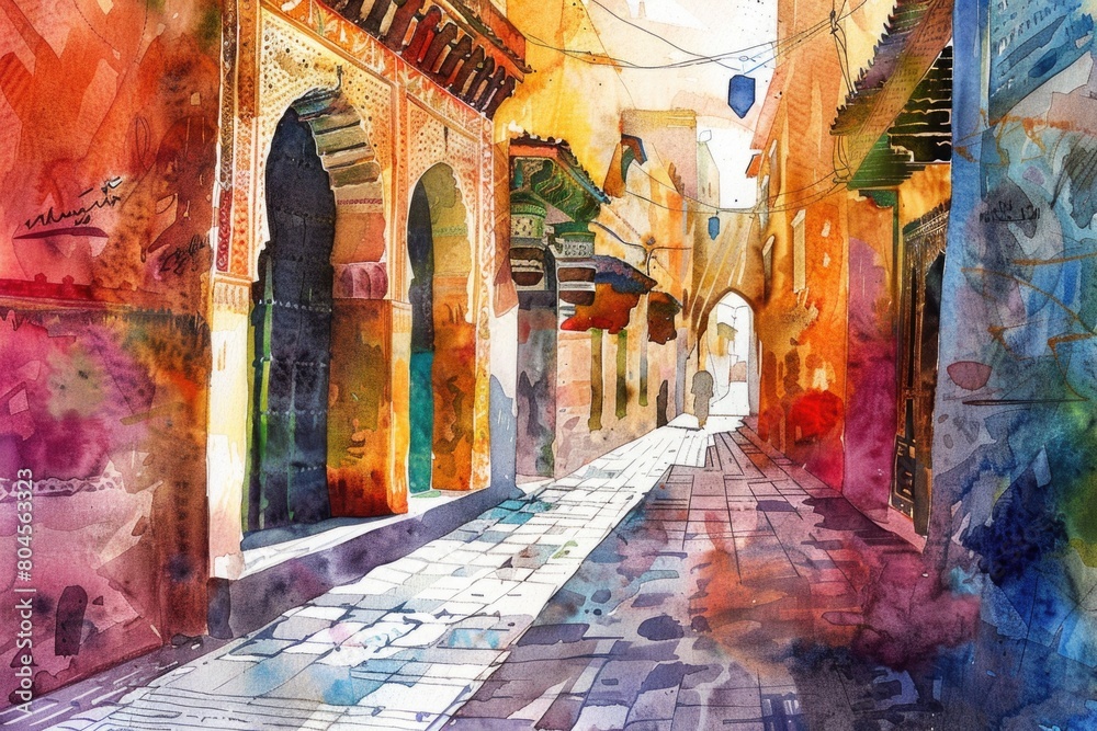 Fototapeta premium A vibrant watercolor painting of a bustling city street. Perfect for urban-themed designs