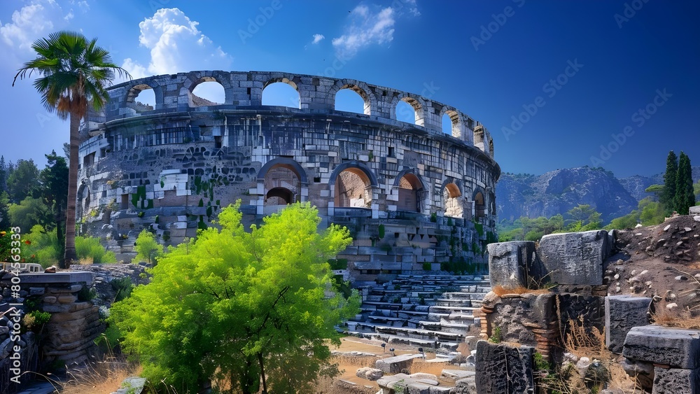The Well-Preserved Aspendos Colosseum in Antalya, Turkey: An Ancient Roman Amphitheater. Concept Ancient History, Architectural Wonder, Turkish Heritage, Travel Destination, Cultural Landmark
